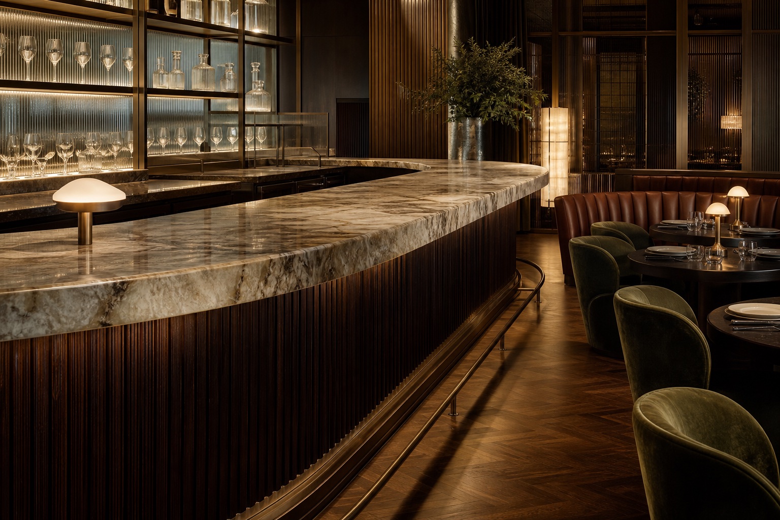 Taş tezgâhlı, ahşap ve metal detaylı lüks restoran barı
